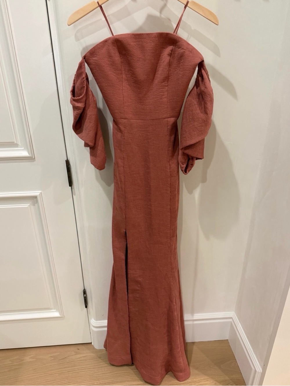 C/MEO Collective off-Shoulder Rust Maxi Dress with Draped Sleeves